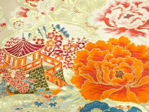 アンティーク　屋敷風景に牡丹・菊模様織り出し名古屋帯